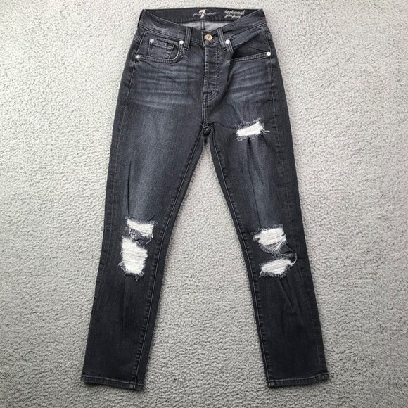 7 For All Mankind Denim - 7FAM Jeans Women's Size 23 Boyfriend High Waist Josefina Distressed Black/Gray